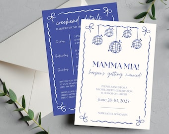 May include: Two invitation cards with white and navy blue text. One card says "weekend details" and the other says "MAMMA MIA! harper's getting married!" with disco ball illustrations. An envelope and greenery are in the background.