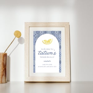 She Found Her Main Squeeze Bridal Shower Sign | Lemon Mediterranean Blue Tiles | Editable Canva Template Digital Download