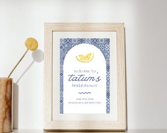 Letrero de bienvenida para despedida de soltera con azulejos de color azul mediterráneo y limón / Tema Positano Amalfi Italia / Plantilla de Canva editable Descarga digital