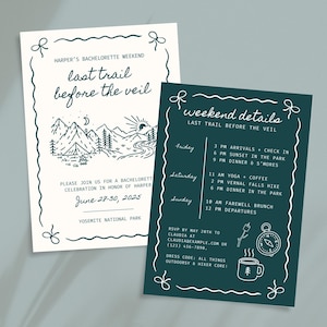 Camp Bachelorette Invitation & Itinerary | Last Trail Before the Veil | Editable Canva Template, Digital Download