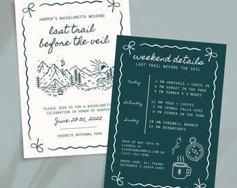 Camp Bachelorette Invitation & Itinerary | Last Trail Before the Veil | Editable Canva Template, Digital Download