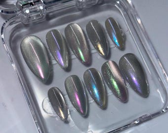 Rainbow Chrome Cat Eye Press-On Nails: Handmade Y2K Nail Art