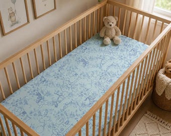 Blue Toile Crib Sheet Vintage Bear Nursery Bedding Pooh Bear Inspired Soft Stretch Knit Fitted Crib Sheet Mini or Standard Baby Bedding