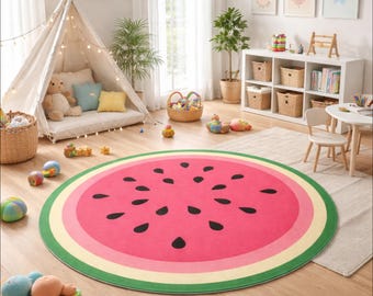Watermelon Round Playroom Rug, Soft Plush Fruit Nursery Decor, Summer Carpet