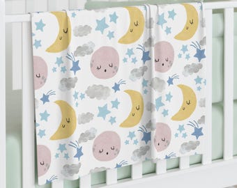 Celestial Moon Stars Swaddle Blanket, Gender Neutral Nursery Bedding Gift