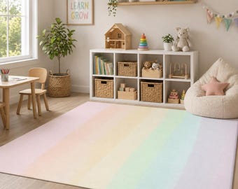 Pastel Rainbow Playroom Rug, Soft Kids Area Mat, Sensory Toddler Bedroom Decor