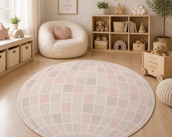 Neutral Disco Ball Round Rug, Sensory Playroom Nursery Decor, Beige Blush
