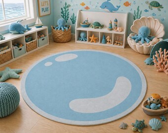 Blue Bubble Playroom Rug, Round Kids Floor Mat, Ocean Nursery Decor, Soft Toddler Rug