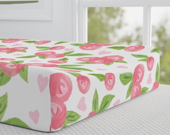 Changing Pad Cover, Pink Rose Print Floral Nursery Theme, Pink Decor Baby Shower Gift, Diaper Changing Station, cute nursery decor