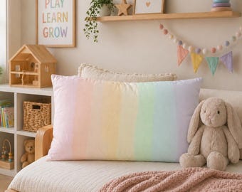 Pastel Rainbow Pillow Cover, Soft Kids Pillow, Nursery Decor Cushion, Toddler Bed Pillow, Autism Sensory Room Decor, Double Sided