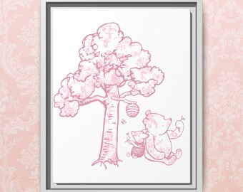 Pink Pooh Bear Canvas Print, Toile Nursery Decor, Framed Matte Artwork