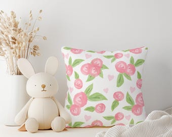 Pink Rose Square Pillow - Princess Bedroom Decor, Pink Nursery Pillow, Roses and Hearts Throw Pillow, Spun Polyester Cushion, Home Decor