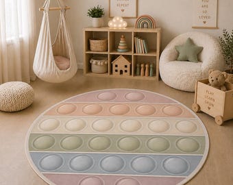 Pop-It Inspired Round Rug, Pastel Sensory Playroom Mat, Montessori Calm Nursery Decor