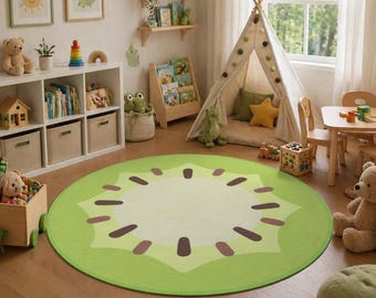 Kiwi Slice Round Rug, Plush Playroom Decor, Toddler Nursery Carpet