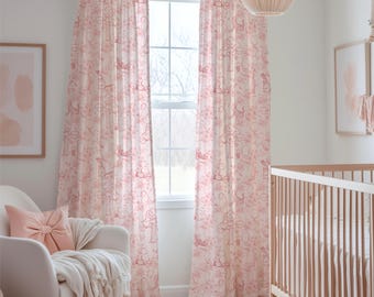 Pink Toile Woodland Curtain, Vintage Pooh Style Nursery Decor, Baby Girl Window Panel