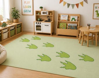 Dinosaur Footprint Rug, Green Playroom Carpet, Sensory Friendly Montessori Decor