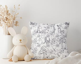 Pooh Bear Toile Pillow, Spun Polyester Square Pillow, Pooh Bear Nursery Decor, Black and White Toile, Baby Shower Gift, Kids Room Decor,