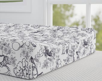 Changing Pad Cover, Toile Pooh Bear Nursery Decor, Black and White, Baby Shower Gift, Toile Pattern