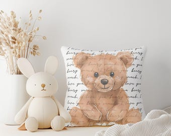 Teddy Bear Pillow, Nursery Decor, Kids Room Decoration, I Love You Beary Much, Spun Polyester Square Pillow, Bear Theme, Throw Pillow,