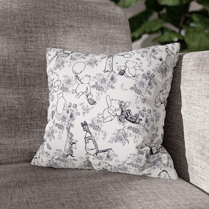 Toile Pattern Pooh Bear Square Pillowcase, Vintage Nursery Decor, Baby Shower Gift - Spun Polyester Pillow Cover, Black & White, Home Decor,