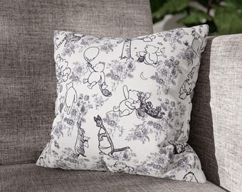 Toile Pattern Pooh Bear Square Pillowcase, Vintage Nursery Decor, Baby Shower Gift - Spun Polyester Pillow Cover, Black & White, Home Decor,