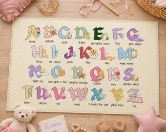 Princess Alphabet Rug, Fairy Tale ABC Playroom Mat, Pastel Kids Learning Rug