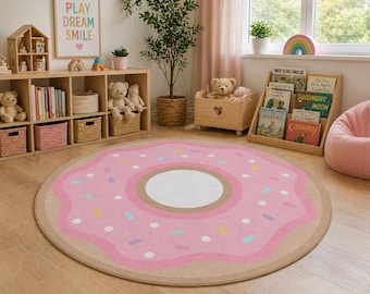 Pink Donut Rug, Pastel Sprinkle Playroom Decor, Kids Nursery Floor Mat