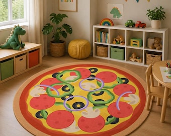 Pizza Playroom Rug, Kids Round Rug, Food Theme Nursery Decor, Toddler Play Mat, Sensory Friendly Rug, Colorful Kids Room Carpet
