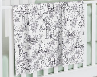 Swaddle Blanket, Toile Pooh Bear Nursery Decor, Baby Shower Gift, Black and White, Baby Wrap, Newborn Photography Prop, Infant Receiving