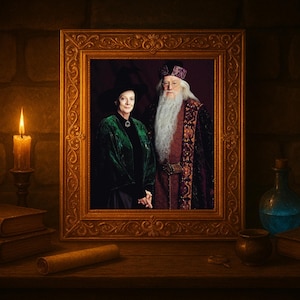 May include: A framed portrait of two people, one with a long white beard and the other in a green velvet coat. A lit candle, books, and a potion bottle sit on a wooden surface. The frame is ornate and gold-colored.