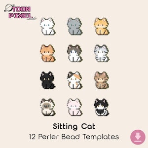 May include: A digital graphic featuring 12 pixel art designs of sitting cats in various colors and patterns. The text TOON PIXEL studio appears in the top left corner. The text Sitting Cat 12 Perler Bead Templates is centered at the bottom.