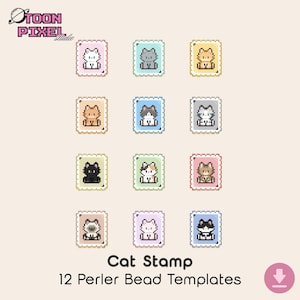 May include: A digital collection of 12 pixel art cat stamp designs for perler bead templates. Each stamp features a unique cat illustration in a scalloped border with various pastel colours. The text TOON PIXEL studio, Cat Stamp, and 12 Perler Bead Templates are visible.