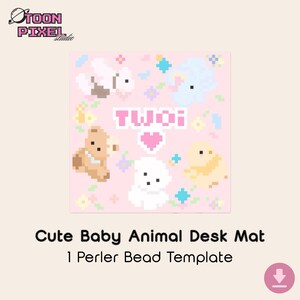 May include: A square pixel art design featuring a light pink background with a brown teddy bear, a white puppy, a yellow chick, and a blue elephant. The text TWOI is centered above a pink heart, surrounded by small colorful flowers and stars.
