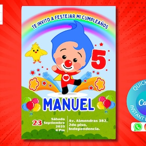 Modelo de convite animado editável no Canva Plim Plim, convite de menino, convite de palhaço, cartão animado