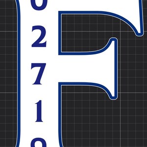 May include: A white letter F with a blue outline. The letter is decorated with blue numbers 02719.
