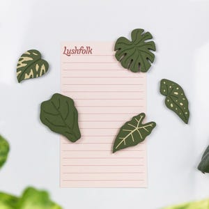 Puede incluir: Un bloc de notas rosa con la palabra "Lushfolk" impresa en la parte superior. Cinco imanes en forma de hoja verde están unidos al bloc de notas. Los imanes tienen la forma de diferentes tipos de hojas.
