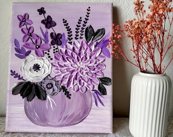 Texturerad blommålning | 3D lila blomvas, modern konst