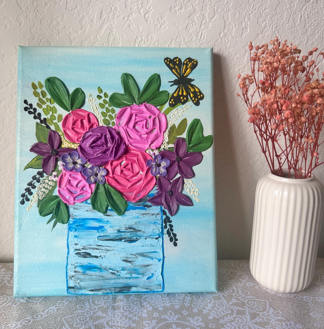 Textured Floral Painting | 3D Flower Vase, Butterfly, Modern Wall Art ...