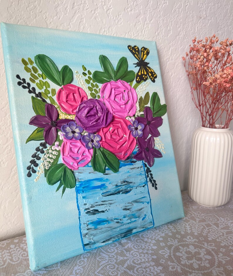 Textured Floral Painting | 3D Flower Vase, Butterfly, Modern Wall Art ...