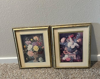 Lot of 2 Vintage Gold-tone Framed Floral Still Life/Summer Flowers Art Prints