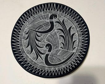 Vintage Hand-Painted Mexican Folk Bird Art Ceramic Black & White Plate, 8.5“