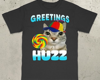 Camiseta "Huzz" de saludos, camiseta de gato gracioso, camiseta de meme de gato, camiseta de meme tonto, camiseta de meme estúpido, camiseta de gato maldito, camiseta de meme de la generación Z, camiseta de vergüenza ajena