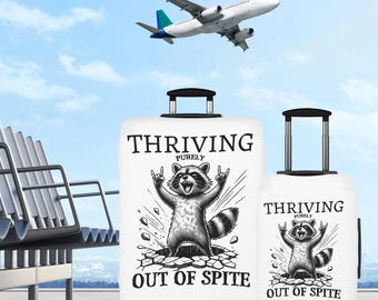 Luggage Cover Thriving Purely Out of Spite . Raccoon Illustration. Available in 3 Sizes. Travel Accessory. Vacation Gift.