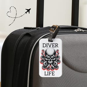 Skull Octopus Luggage Tag, &#39;Diver Life&#39; Travel Tag, Scuba Gear, Unique Travel Gift, Ocean Lover Tag, Adventure Travel Bag Tag.