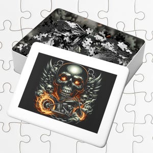 Rompecabezas de calavera atrevida con hojalata, arte de motociclista, regalo para amantes de las motocicletas, divertida actividad en interiores, decoración única, juego desafiante, diversión navideña.