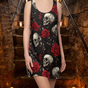 Women&#39;s Racer Back Dress. Mystic Reverence &#39;Skulls & Red Roses&#39;. Express Your Personal Style. Easy Wear Casual Dress. Live Your Vibe.