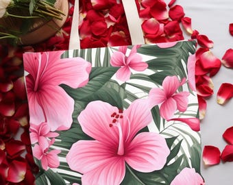 Draagtas met tropische bloemen, strandtas, boodschappentas, zomertas, cadeau voor haar, milieuvriendelijke tas, leuke zomerstrandtas, Everyday Essencial.
