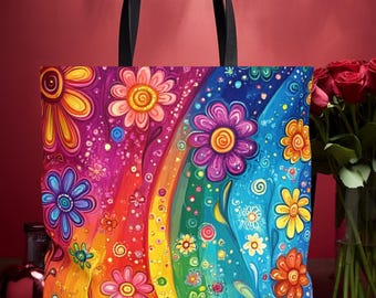 May include: A colorful tote bag with a rainbow design and floral patterns. The bag has black handles and is made of canvas.