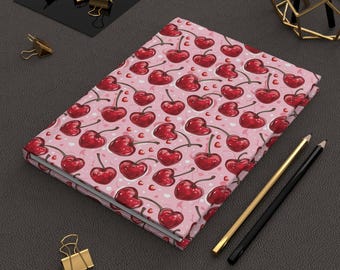 Cuaderno de tapa dura color cereza, diseño retro rosa cereza, diario rayado para escritores