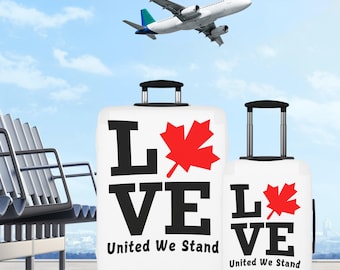 スーツケースカバー「United We Stand. LOVE」赤いカエデの葉付き。安全な旅を。3サイズ展開。旅行者へのギフト。バケーションアクセサリー。